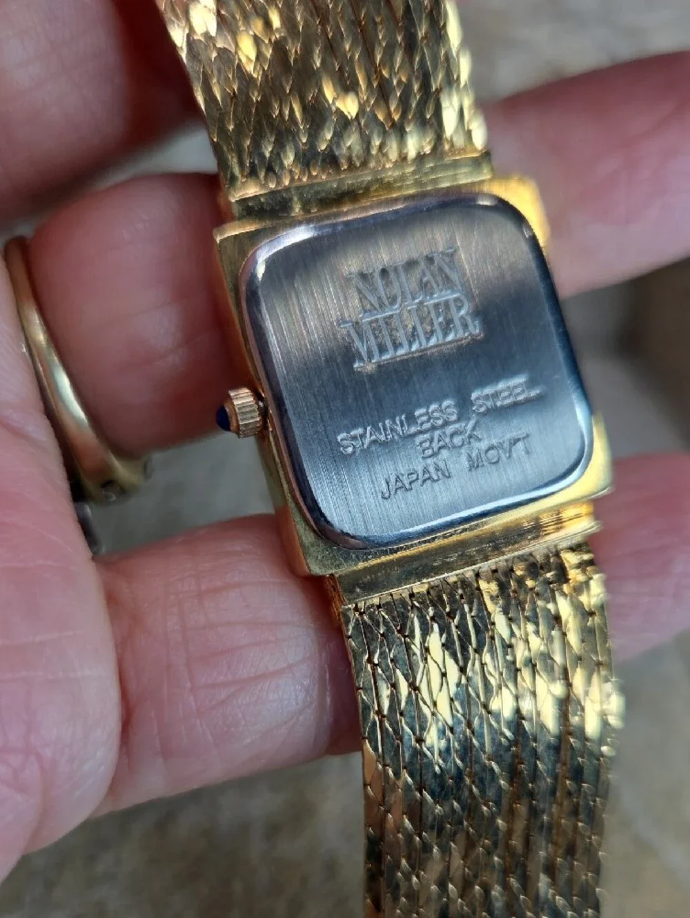 Nolan Miller Gold Chain Bracelet Watch  Rhinestone Accents Blue Sapphire Crown